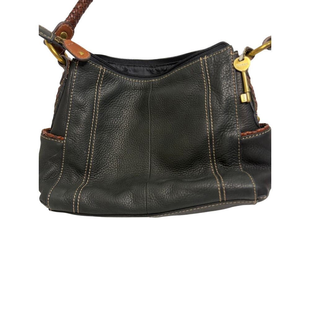 Fossil Sophie HOBO Black Pebbled Leather Brown Braided Leather Handle Bag NWT